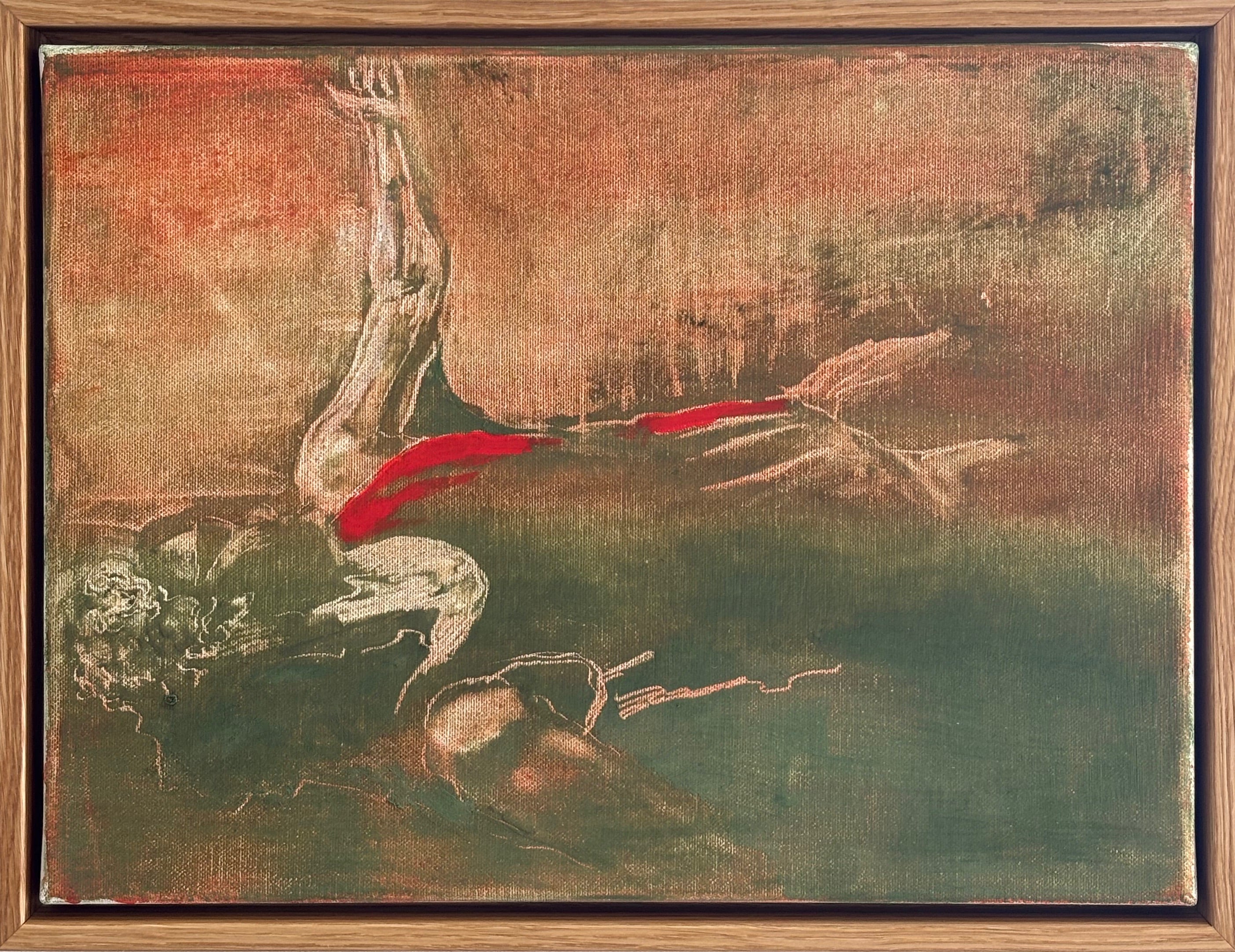 SELVFORGLEMMELSE #2, 30X40cm. Ægtempera og olie på lærred. Egeramme.